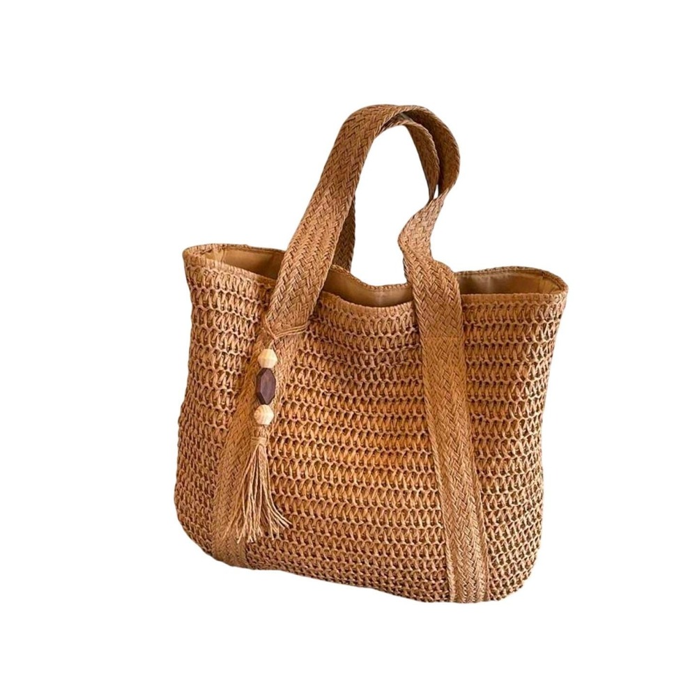 Woven Straw Tote Bag Large Beach Summer Shoulder Bag With Tassel Detail